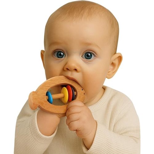Shumee Wooden Fish Rattle Rings and Teethers for Infants | Sensory Toy | 100% Safe, Natural & Eco-Friendly | 6 Months+