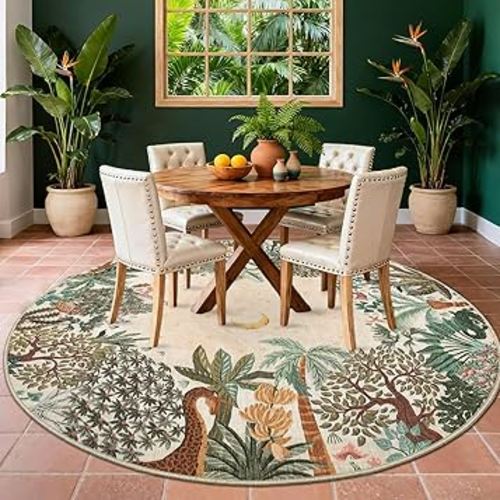GarveeHome Round Area Rugs 6ft for Bedroom, Beige Jungle Washable Circle Rug Soft Non Slip Forest Animal Print Floor Mat Tiger Carpet Indoor Thin Rug for Living Room Dining Room Playroom Nursery