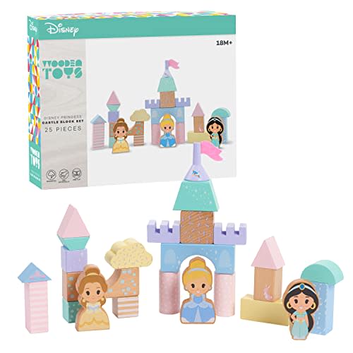 Disney Wooden Toys Princess Castle Block Set, 25-Pieces Include Cinderella, Belle, and Jasmine Block Figures, Amazon Exclusive, by Just Play
