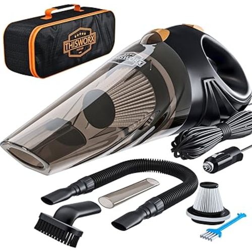 THISWORX Car Vacuum Cleaner - Portable, High Power, Handheld Vacuums w/ 3 Attachments, 16 Ft Cord & Bag - 12v, Auto Accessories Kit for Interior Detailing - Black