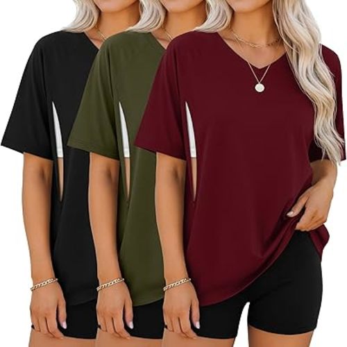 3 Pack Women's Oversized Nursing Shirts with Hidden Zip Breastfeeding Tops Short Sleeve Raglan Maternity Clothes