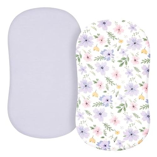 TILLYOU Baby Bassinet Sheets for Girls Boys 2 Pack Baby Sheets for Square Rectangle Oval Bassinet Mattress 33X16 Inch, Brilliant Little Flowers and Purple