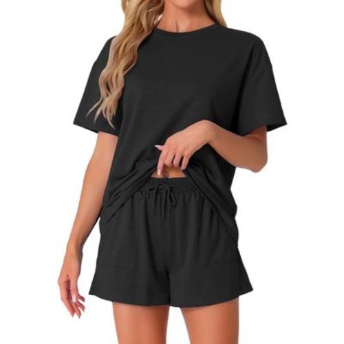 INSPIRE CHIC Women's Pajama Set Short Sleeve Lounge Set Elastic Shorts 2 Piece Pjs Sets with Pockets Black Small