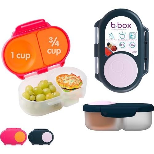 b.box Snack Box 2 Pack - Leak Proof Mini Bento Box for Kids & Toddlers, 2 Compartment Snack Containers for Kids, Dishwasher Safe, BPA Free, PFAS Free, Ages 4m+, 1 3/4 Cup Each (Strawberry + Indigo)