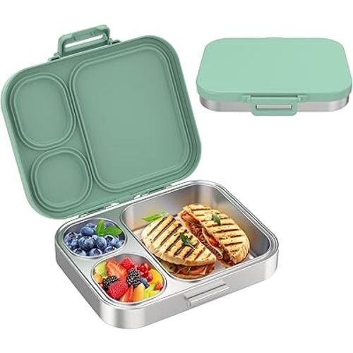 Stainless Steel Bento Lunch Box for Kids | 3-Compartment Lunch Box Container Kids | 100% Leakproof, Dishwasher-Safe, Eco-Friendly, Perfect Portion Control for Kids&Adult Healthy Meals (Green)
