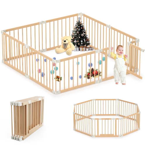 TouHeart Wooden Playpen for Baby & Toddlers, Foldable Large Baby Safe Play Fence Yards With Gate, 8 Panels, 69"x69"x24"