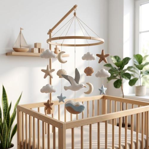 Felt Baby Mobile, Seagull Nursery Crib Decor, Coastal Ocean Theme