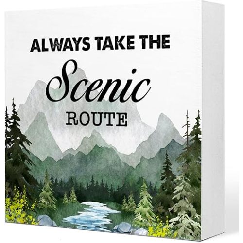 Green Always Take the Scenic Route Woodland Backdrop Camping Wood Plaque Sign Desk Decor,Rustic Camping Quote Wood Block Sign Desk Decoration for Home Camper RV Shelf Table Decor