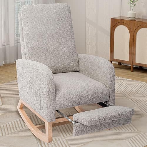 Boucle Rocking Chair Nursery, Cozy Glider Rocking Chair with Retractable Footrest for Living Room Bedroom Nursery Indoor, High Back, Rubber Wood Base, Side Pockets (Light Grey)