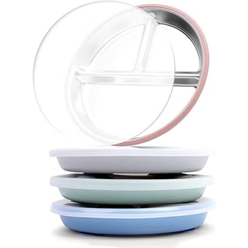 Stainless Steel Toddler Suction Plate with Lid, Deepened 9" Divided Plates with Removable Silicone Sleeves for Kids, Non Toxic Unbreakable Snack Dishes Set of 4, Sage Blue Gray Blush