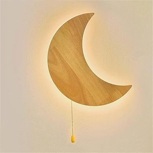 Wooden Crescent Moon Wall Sconce, Nordic Style LED Night Light for Kids Room, Modern Minimalist Oak Wood & Acrylic Lamp with Pull Chain Switch, Tri Color Dimmable for Bedroom, Nursery, Study.