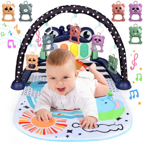 UUSUOO Baby Gym Play Mat,Kick and Play Piano Gym Tummy Time Activity Mat with 5 Infant Sensory Toys,Music and Lights, Boys & Girls Gift for Newborns 0-3-6-9-12 Months
