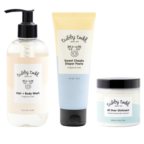 TUBBY TODD Baby Bundle Newborn Skin Care Set - Hypoallergenic Hair + Body Wash, All Over Ointment with Colloidal Oatmeal, Sweet Cheeks Diaper Paste - Fragrance Free, Standard Size
