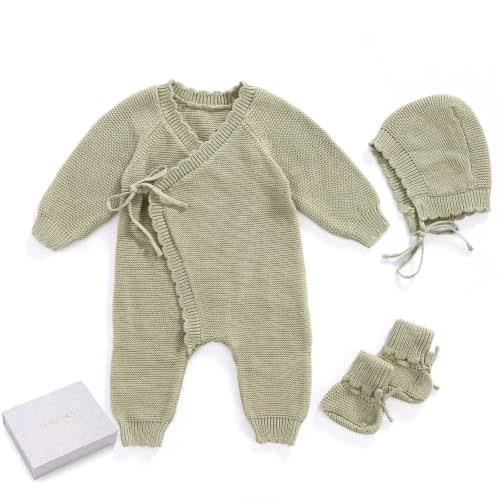 Cotton Baby Knit Romper Kimono Newborn Outfit Gift Set Hat Booties | Matching Hat & Booties, Ready-to-Gift Box, 100% Cotton Soft & Breathable, Side-Tie for Easy On/Off, Machine Washable