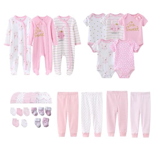 MAMIMAKA Newborn Layette Gift Set 27-Piece Baby Girl Clothes Bodysuits, Pants Essentials and Accessories 0-12Months
