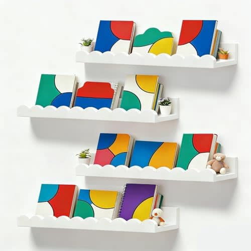 Nursery Book Shelves, Set of 4 Floating Book Shelves, Scalloped Wall Bookshelf for Bedroom, White Decor for Nursery, Baby, Toddler Room$$Home Decor, Kitchen, & Other