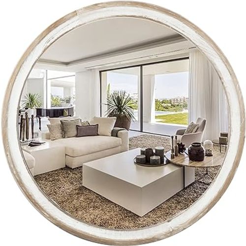 24 Inches Wooden Round Wall Mirror for Bathroom Vanity, Farmhouse Decorative Circle Mirrors with Whitewash Edge, for Bedroom, Entryway, Living Room, Kithen, Home, Office