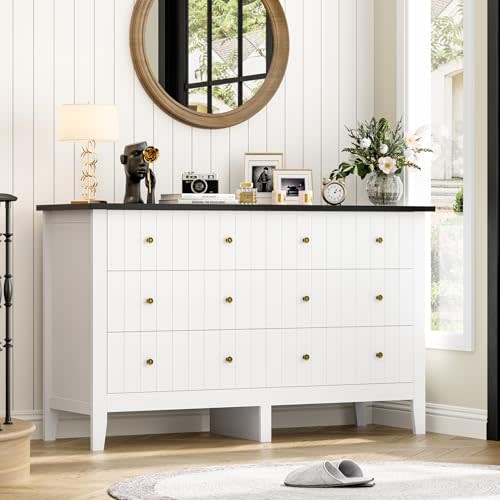 FOTOSOK White Dresser, Chest of Drawers, Modern 6 Drawer Double Dressers with Deep Drawers, Nursery Dresser for Baby, Wide Storage Organizer Cabinet for Living Room, Hallway, White&Black