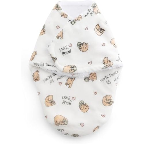 Berkshire Pooh Bear Baby Swaddle Sack - Spaloft Plush Sleep Sack with Classic Pooh Patterns - Snug Fit Swaddle Blanket for Newborns Infants 0-3 mo(Sweet As Hunny No Stripes White, 13.5’’x20’’)