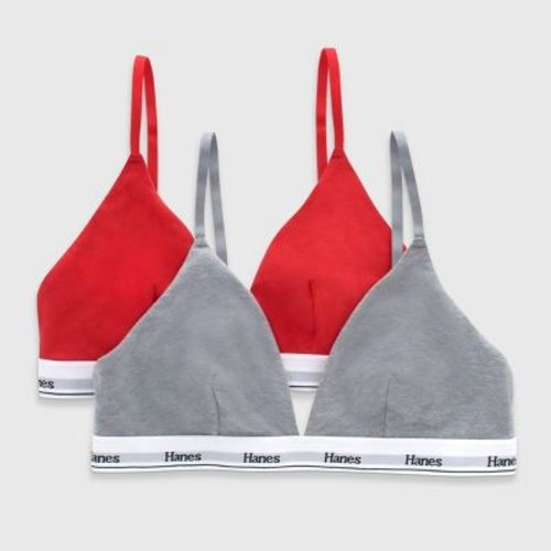 Hanes Originals Women's 2pk Stretch Cotton Triangle Bralette MHT102 - Red/Gray XL: Adjustable Strap, Unlined Cup, Low Coverage