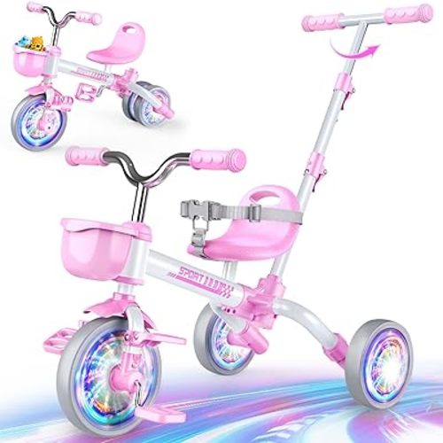 Kkdi 5 in 1 Toddler Bike for 1-3 Year Old, Pink Tricycle with Push Handle