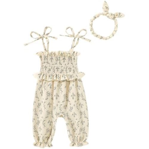 YOUNGER TREE Newborn Baby Girl Clothes Summer Sleeveless Smocked Romper with Headband Toddler Jumpsuit Outfits