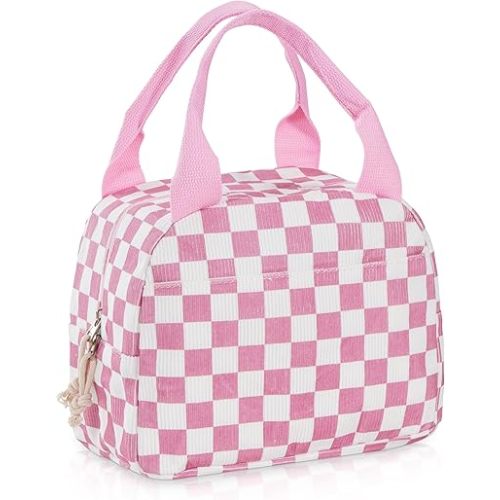 Lunch Bag for Women Checkered Insulated Lunch Box Reusable Cooler Bag Portable Cute Corduroy Leakproof Tote Bags for Travel, Work, and Picnic, Pink and White