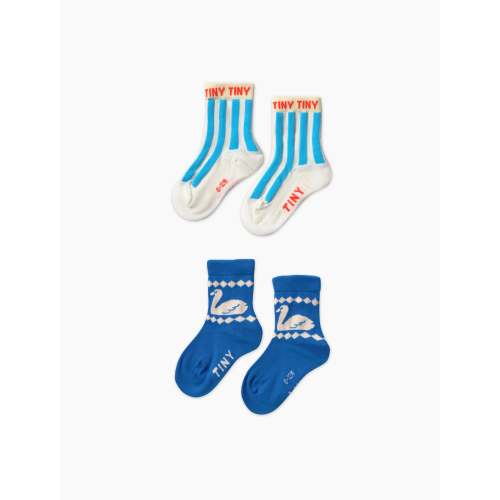 Blue Stripes & Swan Medium Socks - 2 Pack in Blue/Off White