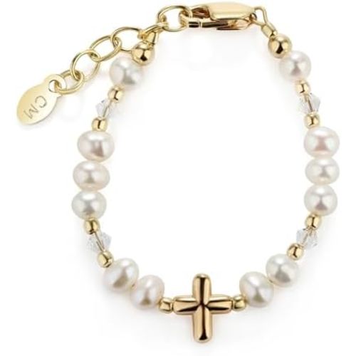 Cherished Moments Girls 925 Sterling Silver or 14K Gold-Plated Cross Bracelet with Simulated Pearls for Baptism or First Communion Gift