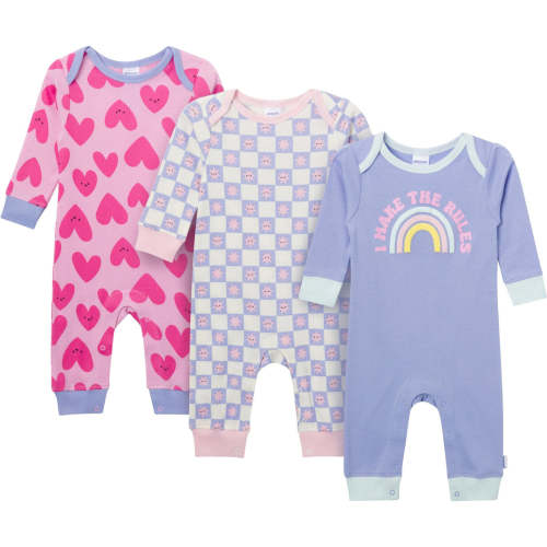 3-Pack Baby Girls Rainbows and Hearts Lap Shoulder Rompers – Gerber Childrenswear