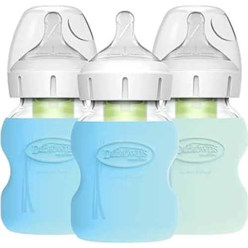 Dr. Brown's Natural Flow Anti-Colic Options+ Wide-Neck Glass Baby Bottles 5 oz/150 mL, with Level 1 Slow Flow Nipple, 3 Pack with Blue & Mint 100% Silicone Sleeves, 0m+