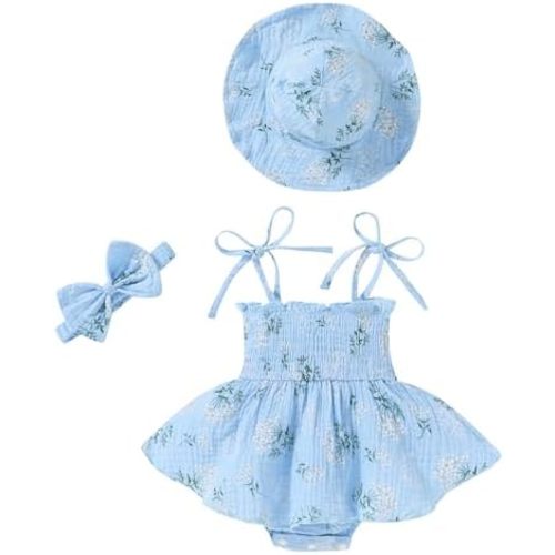 Happy Town Baby Girl Clothes Toddler Summer Sleeveless Romper Dress with Headband and Hat Cute Infant Jumpsuit Outfits