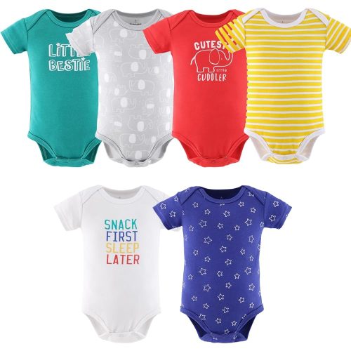 The Peanutshell Baby Bodysuits for Boys and Girls, Short Sleeve Unisex 7 Pack, Newborn to 24 Months, Elephant Brights