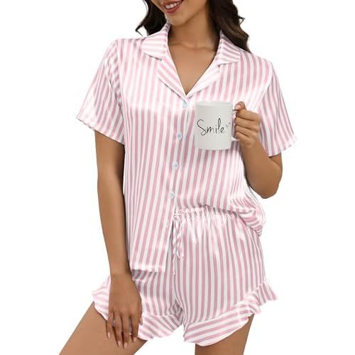 Silk Pajamas for Women Button Down 2 Piece Satin Pjs Shorts Set Ruffle Notch Collar Sleepwear Loungewear