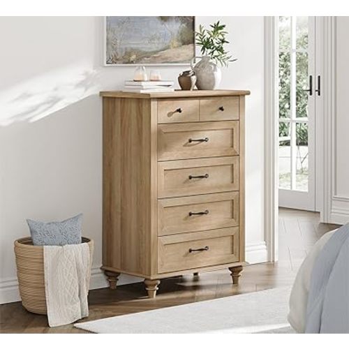 WAMPAT Small Dresser for Bedroom with 5 Drawers & Solid Wood Legs, Mid Century Modern Chest of Drawers Vertical Dressers Storage Organizer, Farmhouse Dresser for Kids Bedroom, Oak