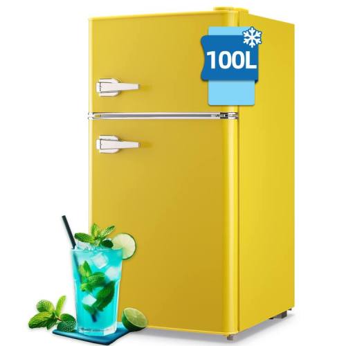 WANAI - 3.5 Cu.Ft Retro Mini Fridge with Top Freezer, Dual Door Refrigerator with Handles - Yellow