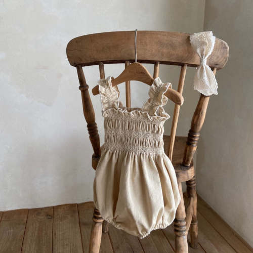 Baby Ann Frill Strap Smocked Bodice Romper (3-18m) -Beige