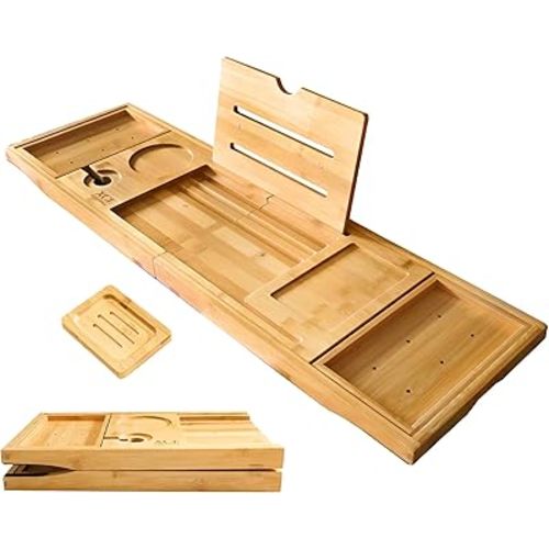 XcE Foldable Bamboo Bathtub Caddy Tray - Expandable to 41 Inches with Non-Slip Pads & Book Stand for Couples Luxury Bath