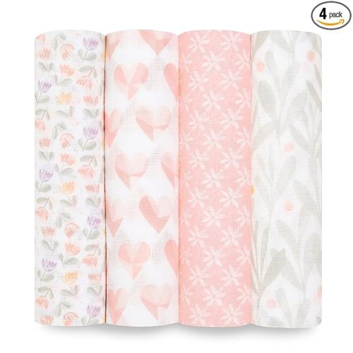 aden + anais Essentials Swaddle Blanket, Boutique Muslin Blankets for Girls & Boys, Baby Receiving Swaddles, Ideal Newborn & Infant Swaddling Set, Perfect Shower Gifts, 4 Pack, Piece of My Heart
