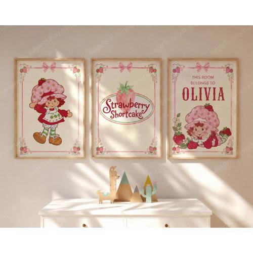 Personalized Strawberry Shortcake Nursery Art, Custom Name Baby Girl Decor (Digital Download)
