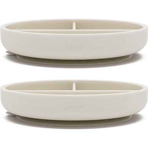 Lalo Suction Plates - 2 Pack, 100% Silicone Non-Toxic BPA-Free Baby Plates with Suction Base To Prevent Accidental Tip-Overs - Suction Plates for Toddlers With Three Divided Sections - Oatmeal