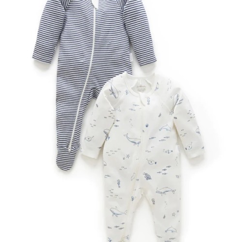Purebaby Organic Zip Growsuit 2 Pack - Vanilla Nautical