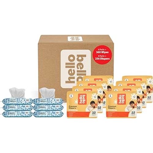 Hello Bello Mega Surprise Pack, Size 1 (8-12 lbs), 256ct Hypoallergenic Assorted Diapers with a Soft, Cloth-Like Feel Plus 360 Ultra Gentle Unscented Baby Wipes in 6 Resealable Packs