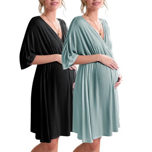 Ekouaer 3 in 1 Labor/Delivery/Hospital Gown Maternity Dress Nursing Nightgown Sleepwear for Breastfeeding - 1&2 Pack Black/Celadon Green M