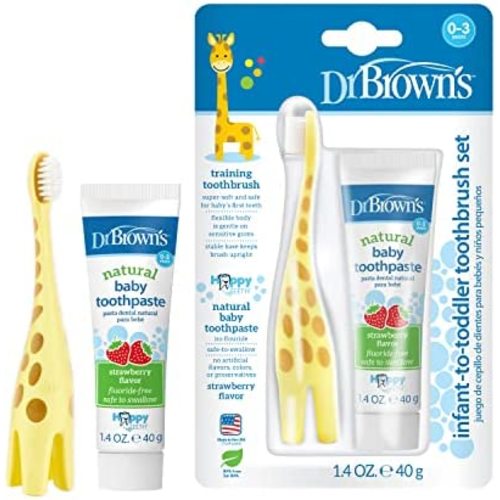 Dr. Brown's Infant-to-Toddler Training Toothbrush Set with Strawberry Fluoride-Free Toothpaste 1.4 oz, Soft for Baby's First Teeth, Giraffe, BPA Free, 0-3 Years