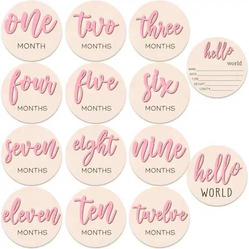 7 Pcs Baby 3D Monthly Milestone Wooden Signs Girl Baby 1-12 Months Announcement Card Sign Wood Markers Disc Block Baby Keepsake Double Sided Engraved Keepsake Photo Prop (Pink)