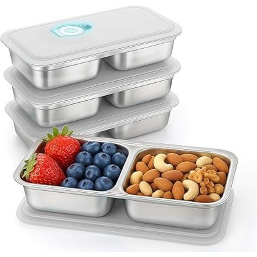 4Pcs 304 Stainless Steel Snack Containers, 2 Compartments Portable Food Storage Bento Boxes with Lids, Divided Meal Prep Lunch Box Food Container Dishwasher Safe
