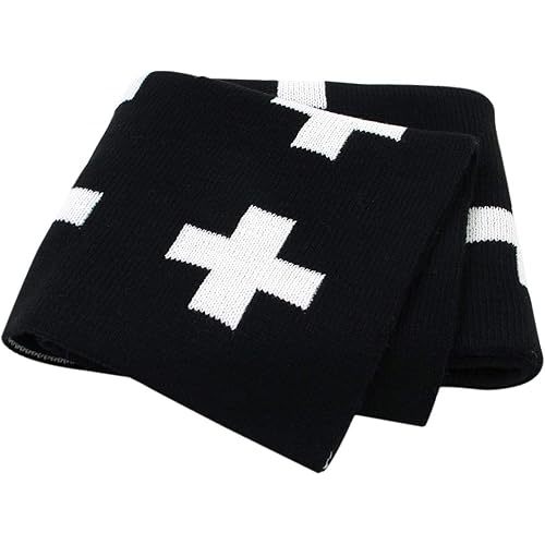 mimixong Baby Blankets Knitted Toddler Blankets Black and White with Cross Swiss Pattern for Boy and Girl 30×40 Inch Black