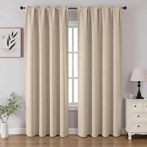 CUCRAF Light Beige Blackout Curtains 54 inch Length 2 Panels Set, Rod Pocket Room Darkening Drapes for Bedroom Living Room, Insulated Thermal Light Blocking Window Curtain (W52 x L54 Inch)