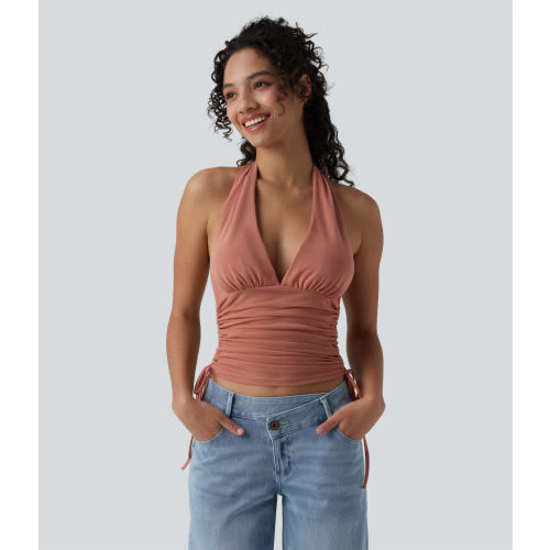 Deep V Neck Backless Ruched Drawstring Casual Halter Top